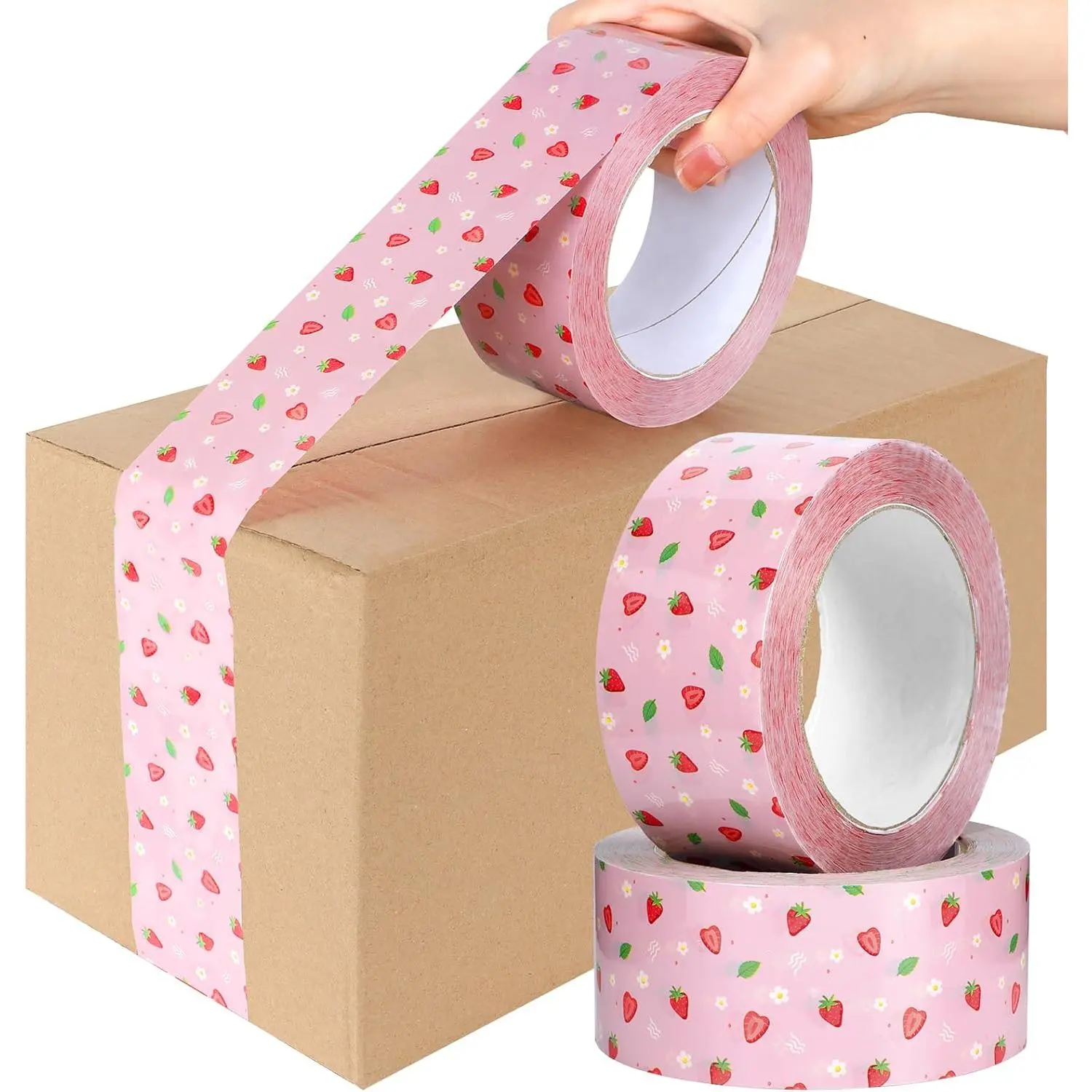 2 Roll Strawberry Packing Tape Cute Fruit Printed Decorative Pink Gift Wrapping Package Waterproof for Scrapbooking DIY Craft Present Box Supplies 200 Yard