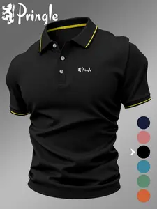 Men's Pringle Logo Print Polo Shirt, Black, Fitted Casual Style, Breathable and Comfortable, All-Season Wear, High-Quality Endurance