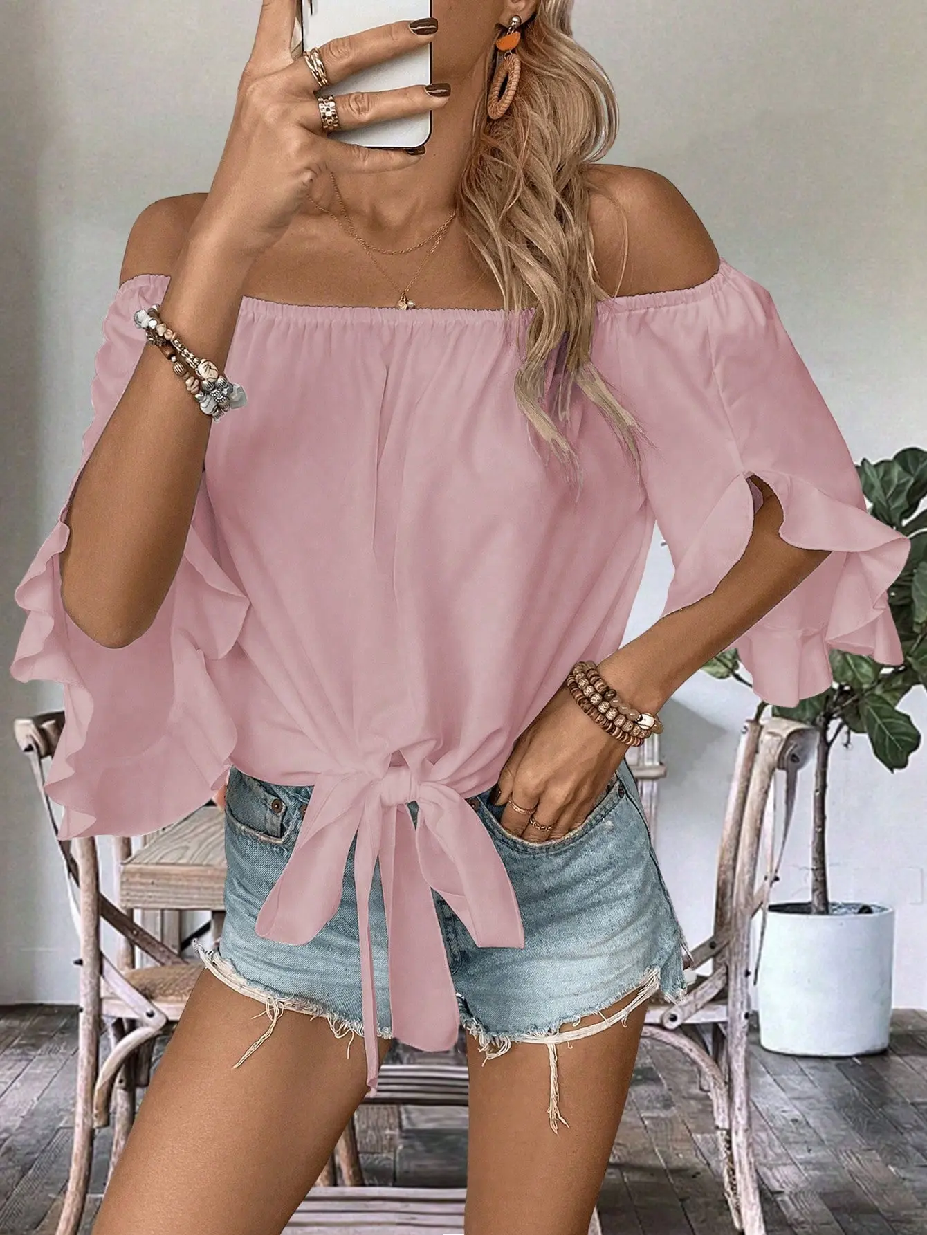 Women Solid Color Ruffle Sleeve Off Shoulder Blouse