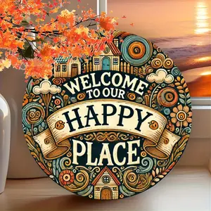 Vintage Metal Tin Sign Art - Rustic Wall Decor with Welcome to Our Happy Place, 8x8 Inch, Durable Iron Construction, Ideal for Farmhouse Decor, Charming Housewarming Gift (1-Pack)