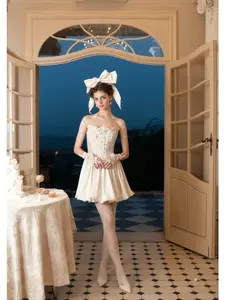 Princess Sugar Days Corset Dress - Glossy Satin & Silver-Dusted Lace, Puff Mini Skirt, Oversized Bow, Sheer Mesh Waist Panels, Adjustable Straps