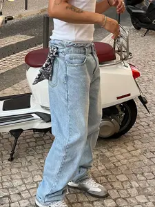 Straight Leg Denim Jeans Cotton Slant Pockets Washed Jean, Casual Fitted Wide Leg Jeans, Couple Matching Straight Loose Fit