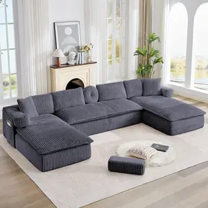 149" Oversized U-Shaped Modular Sofa, 7-in-1 Sectional Couch with Deep Seat & Movable Armrests, No Assembly, Corduroy Fabric, Side Pocket, 4 Back Cushions, 6 Seats