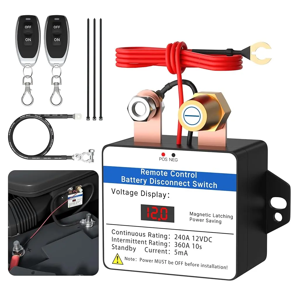 Eunik Kill Switch for Car 12V 360A Remote Battery Disconnect Switch with Led Voltmeter Smart Anti-Theft Remote Control Switch with Wireless Remote Control Relay Fobs for Auto Truck Boat Power
