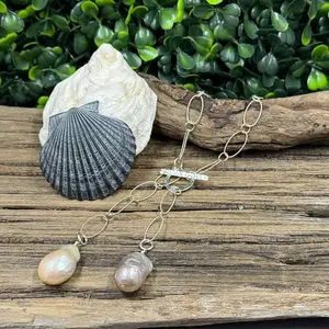 16-Inch Sterling Silver Lariat Necklace with Dual Baroque Pearls