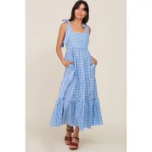 Blue Checkered Sleeveless Tiered Maxi Dress