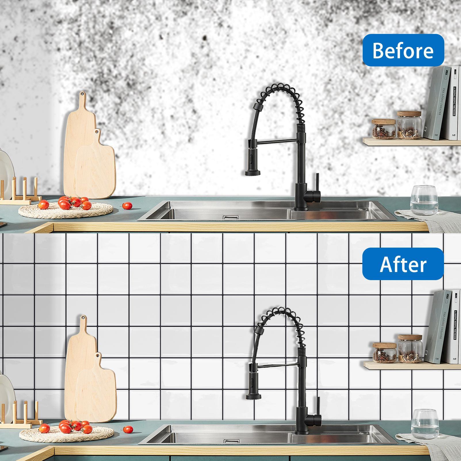MOONFUN 10Pcs 12x12in Square Peel-and-Stick 3D Glossy Grid Faux Tile Wall Stickers, Self-Adhesive Waterproof Renter-Friendly Backsplash for Kitchen, DIY Home Renovation & Farmhouse Modern White Decor