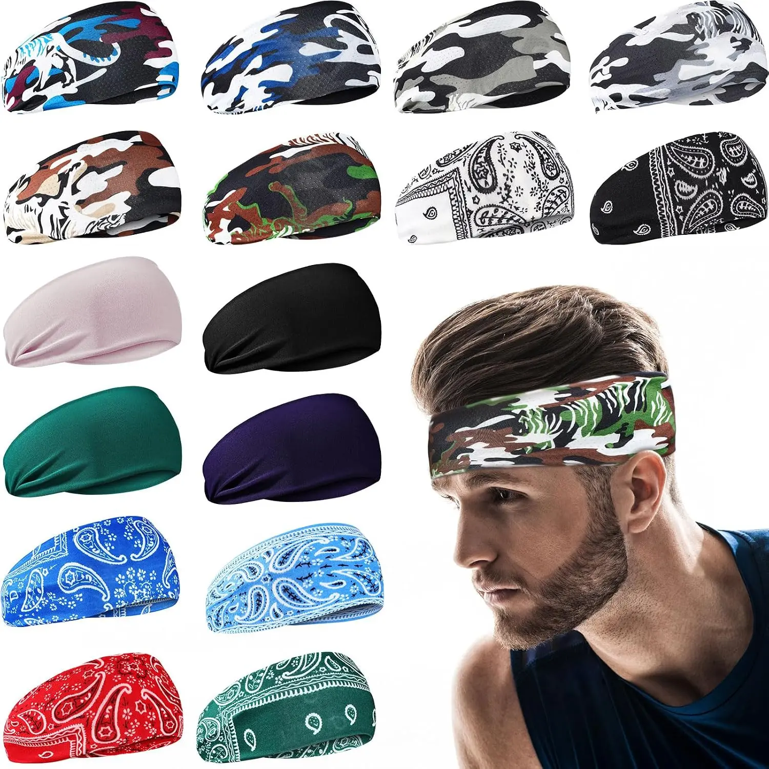 16-Pack Sports Headbands for Adults, Wide Assorted Patterns for Men & Women - Paisley, Camo & Solid, Lightweight Stretch Fabric, Moisture-Wicking, 1 Size Fits Most, Accessories Adults, Universal, Camouflage, Moisture Wick, Breathable, One Size Fits