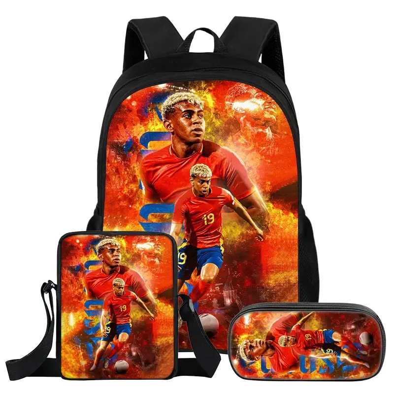 3Pcs Fashion Nylon Backpack Set - L-Lamin Yamal Football Star Design, Soft Shoulder Straps, Zipper Closure, School Use Rucksack with Pencil Bags, Ideal Gift for Students, Unisex