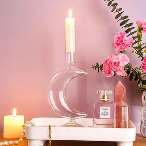 Creative Simple Crescent Moon Shape Transparent Glass Candle Holder, 8.3x4.4 Inch Warm Dinner Long Stick Candle Stand, Home Decor