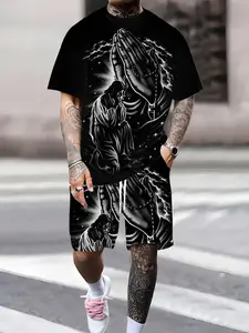 Men's Graphic Tee & Shorts Set, Casual Street Style Streetwear Two-Piece, Short Sleeve Fitted Top, Regular Length Shorts