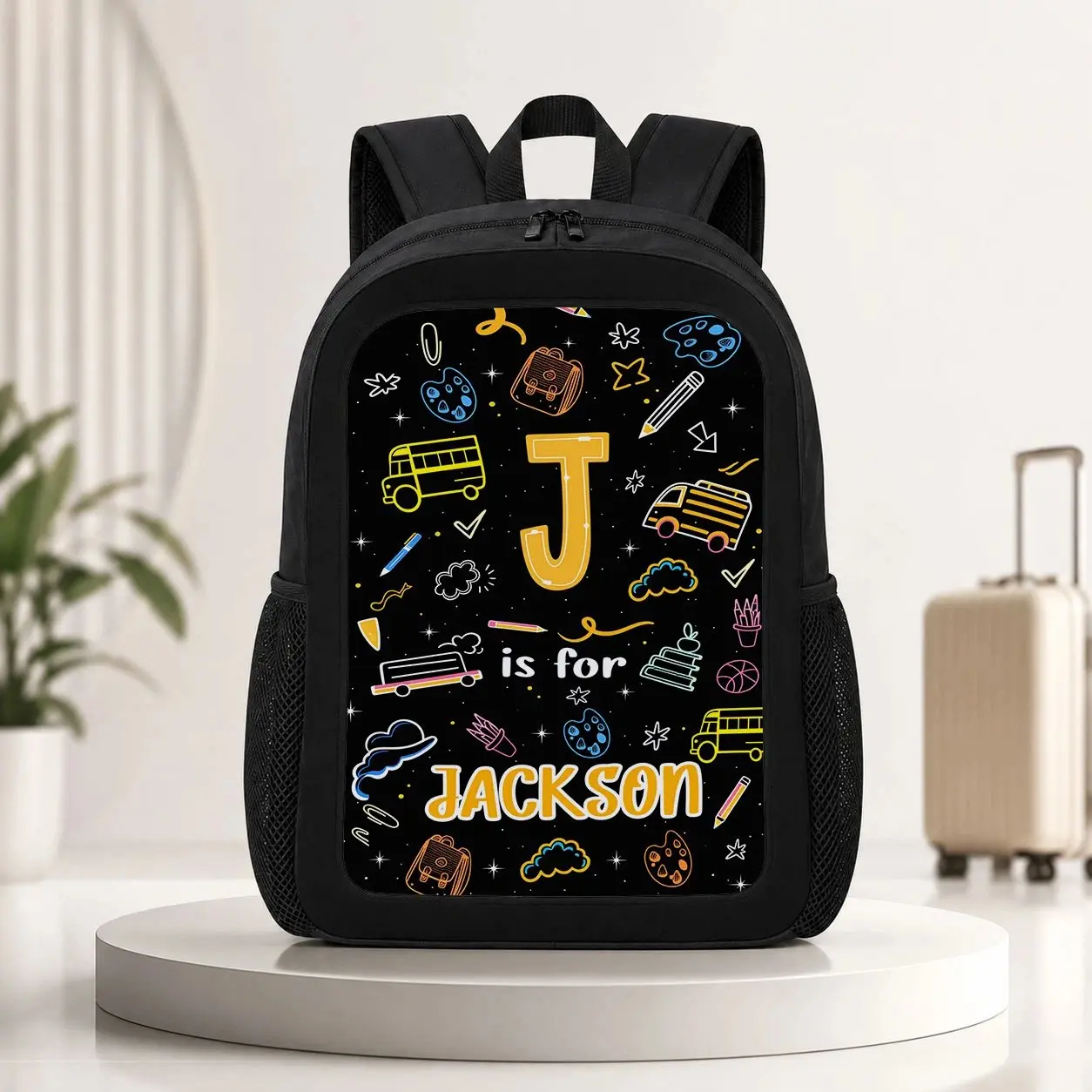 Personalized Name/Initials Backpack Suitable for School - & Bookbag with School Bus Print, Large Capacity Laptop Carrier, Adjustable Straps, Durable Zipper Closure for Campus,, College Daily Use (Hand Washable)