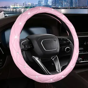stretch fit YASEENLIN Pink Diamond Bling Rhinestone Soft Faux Leather Steering Wheel Cover 15 Inch Anti-Slip Grip Protector with Inner Ring Breathable Car Accessories for Women Stylish Driving Accessory Playful Design Durable Fit - Interior