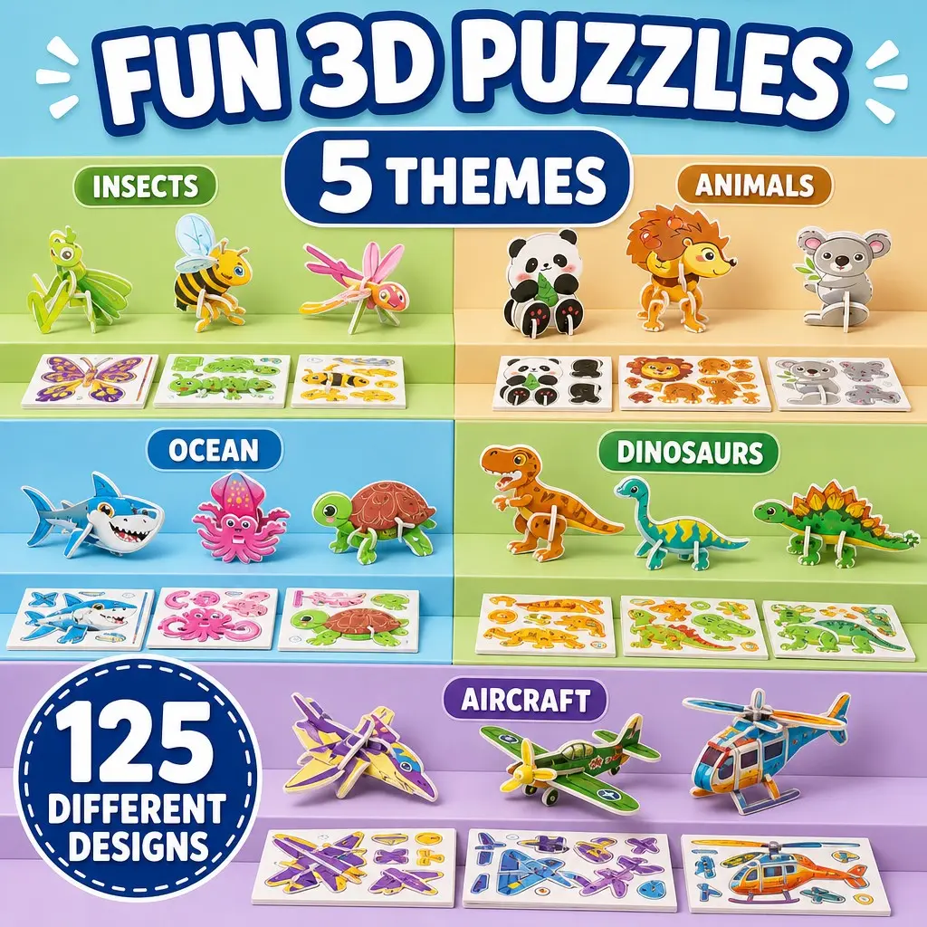 Kids Learning Toys Ages 3-8, Fun 3D Puzzle Building Set with 125 Pieces and 5 Themes, Animal Dinosaur Insect Puzzle Toy, Montessori Educational Activity, Creative Brain Teaser Game, Fine Motor Skills Practice Toy for Toddlers and Preschool Kids