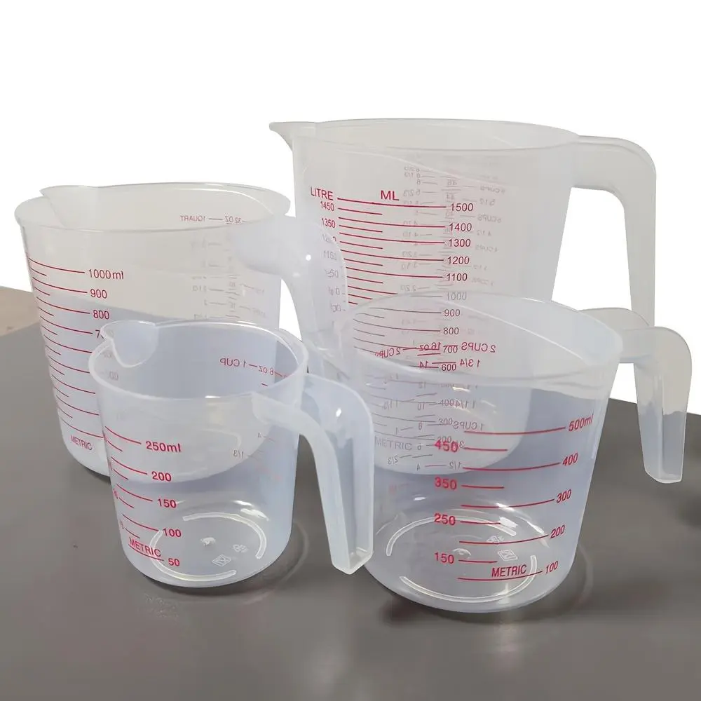 4-pcs transparent plastic measuring cup set, 1500/1000/500/250ml, with metric and imperial scales - suitable for baking, cooking, and DIY desserts