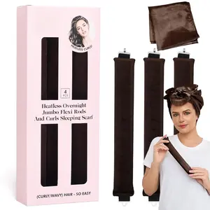 Heatless Curls Overnight Rods Jumbo Set, Heatless Hair Curler Velvet Satin Jumbo Flexi Rods to Sleep in, No Heat Overnight Sleeping Blowout Curls Wave Styling Tools with Silk Scarf 4pcs Brown