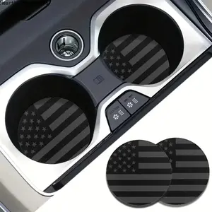 2Pcs Tactical Black American Flag Car Coasters, Subtle Grey US Flag Non-Slip Silicone Cup Mat, Universal Cool Vehicle Interior Accessories, Patriotic Gift for Men