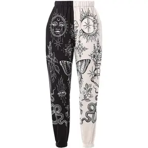 Women's Boho Hippie Harem Pants High Smocked Waist Printed Patchwork Sweatpants Yoga 90S Goth Baggy Casual Trousers