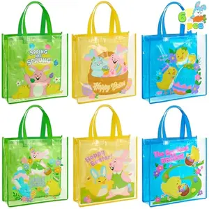 6 Pcs Easter Party Favor Supplies Gift Bags For Kids, 13" x 13" x 4" Big Size Non Woven Goodie Reusable Easter Rabbit Bunny Party Treat Bags with Handles for Egg Hunt | 6 Pcs, Supplies, 13" x 13" x 4", Big Size, Goodie, Reusable