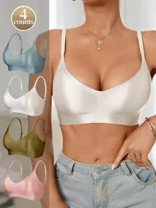 4pcs Seamless Bra Set for Women – Soft & Comfortable Wireless Bras with Glossy Satin Finish, Adjustable Straps & Non-Removable Pads, Breathable Nylon Spandex Blend, Sheer Lingerie in Multiple Colors for Everyday Casual Wear