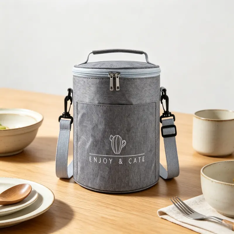 Adjustable Strap Insulated Cooler Bag, Cylindrical Thermal Tote with Front Pocket, for Everyday & Outdoor Activities ﻿