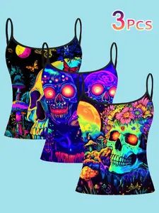 Fluorescent Skull Print Strapless Top, Neon Mushroom Glow Effect, Night Light Party Halloween Pattern, Women's Summer Outerwear