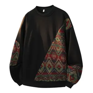 GURUNVANI Men's Vintage Aztec Ethnic Patchwork Crewneck Sweatshirt Loose Fit Retro Geometric Print Pullover Streetwear