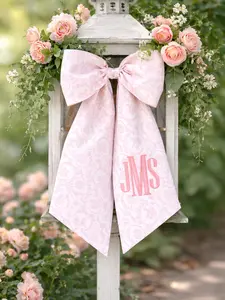 Pink Chinoiserie Embroidered Bow Monogrammed Wreath Sash Cotton Baby Shower Decor Custom Pink Toile Wedding Ribbon Girl Bedroom Monogram Door Decor - Elegant Hanging Gift
