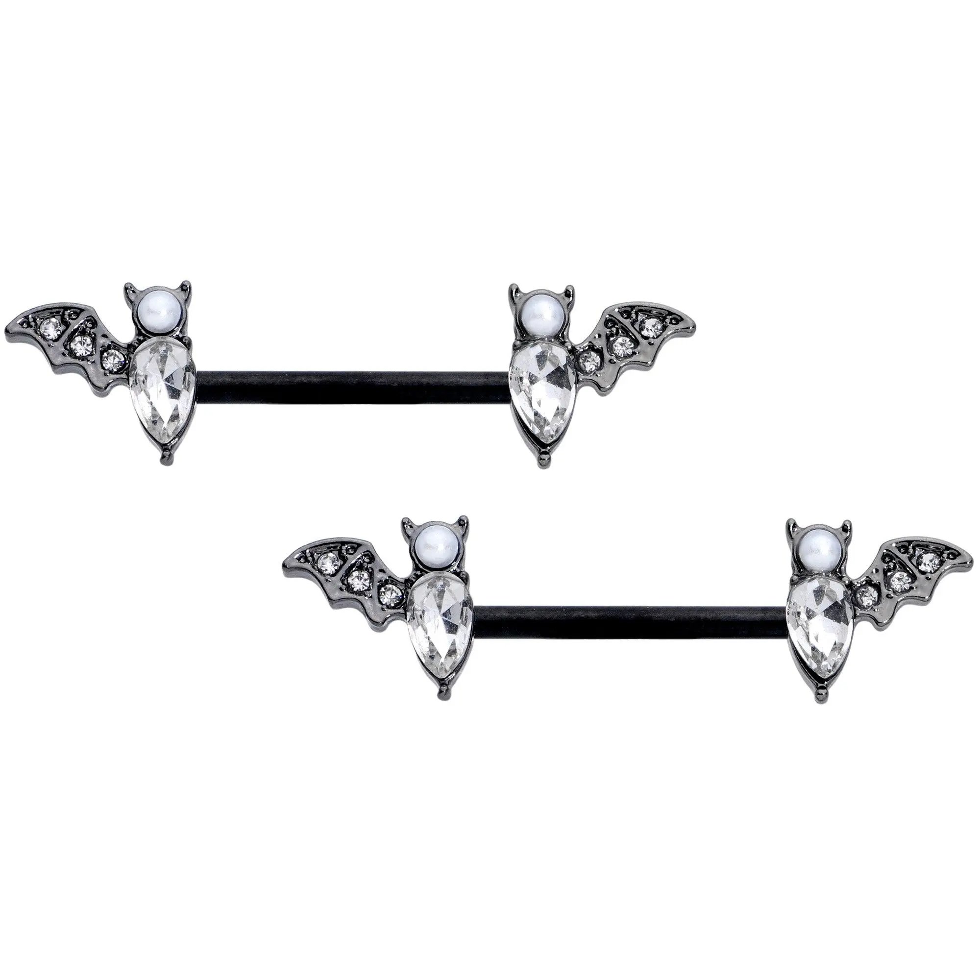 14 Gauge 9/16 Clear Gem Black Bat Halloween Barbell Nipple Ring Set