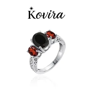 Kovira S925 Sterling Silver Vintage Black & Red 5A Zircon Three Stone Ring for Women Everyday Wear Mother's Day Gift For Her