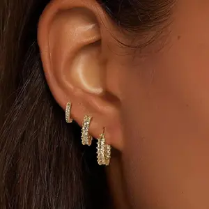 Three Pairs 14K Gold-Plated Hoop Earrings Set with Rhinestone Cubic Zirconia Chunky Small Gold-Plated Hoops Huggie Earrings for Women Gold Jewelry gold-plated hoop earring Inlaid Star Moon Earrings shin  ma  body  jewelry