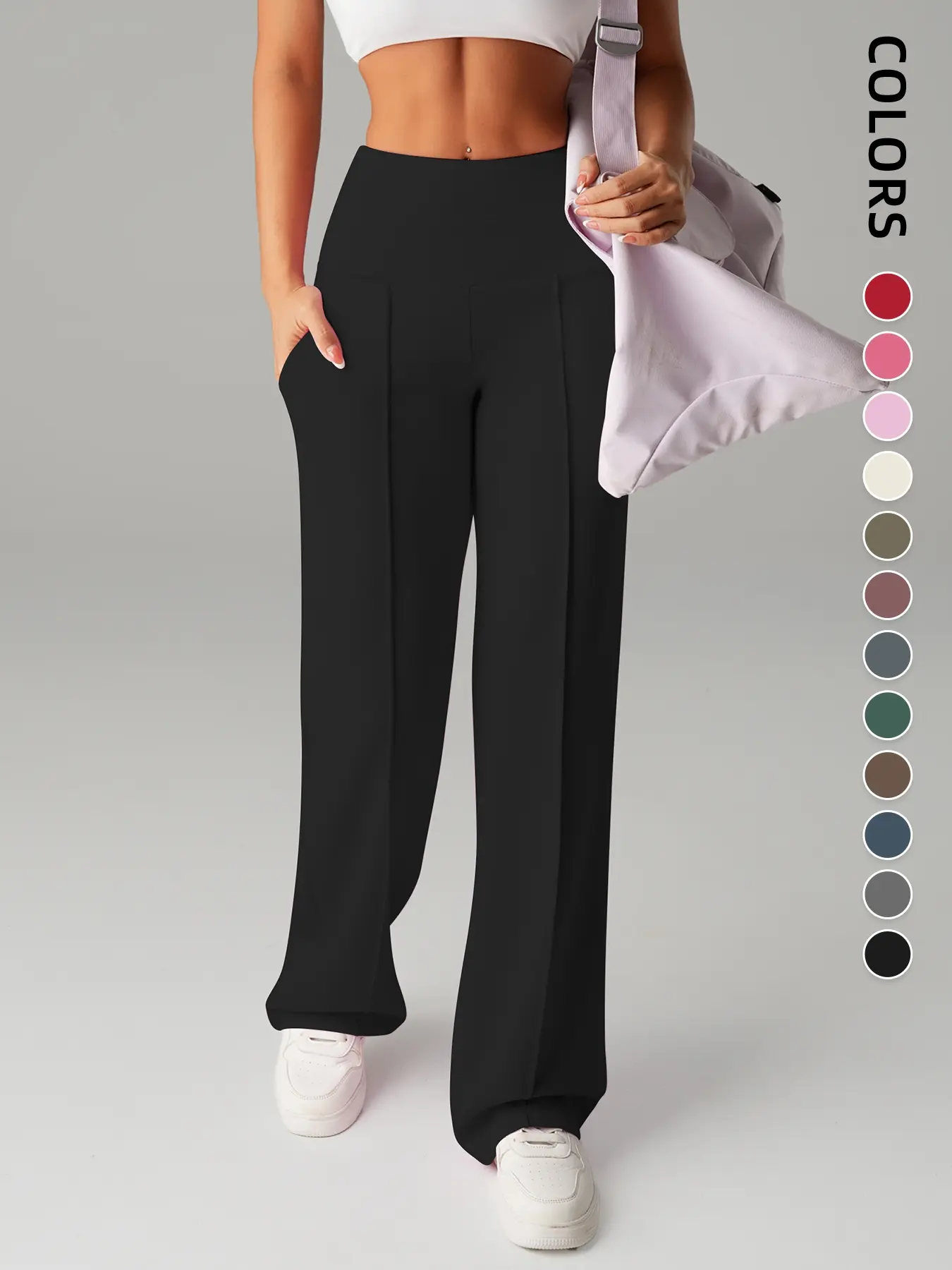 Women's High-Waisted Loose-Fitting Business Casual Yoga Pants Black, All-Season Plain Design, Comfortable Ladies' Bottoms Athleisure Casual Pants