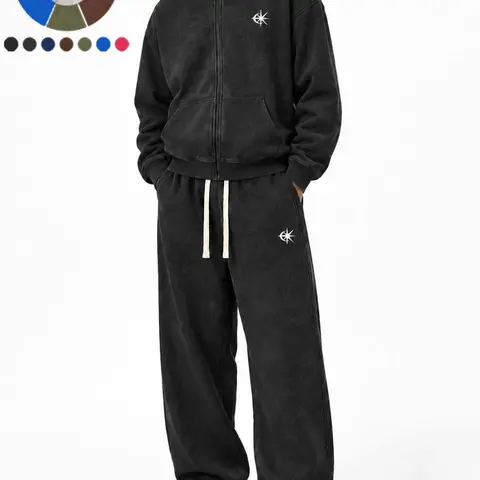 Men Oversized Vintage Washed Zip Up Hoodie Set With Wide Leg Drawstring Pants Front Patch Pockets Small Star Logo Print Casual Street Two Piece Loungewear Outfit For Guys