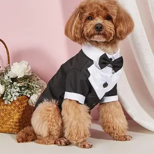 Dog Shirt Puppy Clothes, Pet Wedding Suit Formal Tuxedo with Black Bow Tie, Dog Outfit for Small Dogs Cats, Dog Wedding Attire