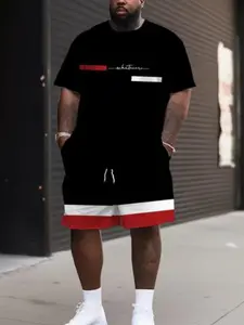 Men's Summer Casual Sportswear Set, Breathable Letter 3D Print Round Neck T-Shirt & Shorts, Polyester Outdoor Clothing, Plus Size