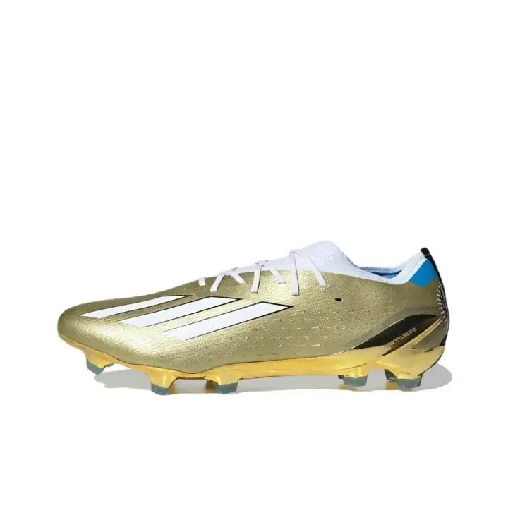 Brand-New Retro Lace-Up Firm-Ground Soccer Cleats - Shiny Metallic Gold Upper, White Strip Mark, Bright Blue Lining, Golden Studded Outsole, Breathable Knit Collar, Original Shoe Box for League Games, Grass-Field Training
