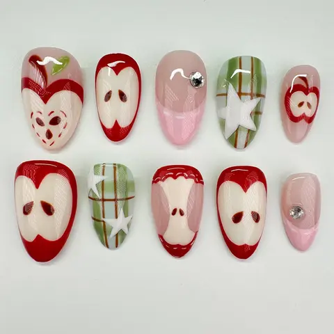 30pcs Almond Nail Tips, Apple Design, French Star Rhinestones, Glossy Finish, Medium Length, Includes Jelly Glue and File, Handmade Press On, Glossy False Nails