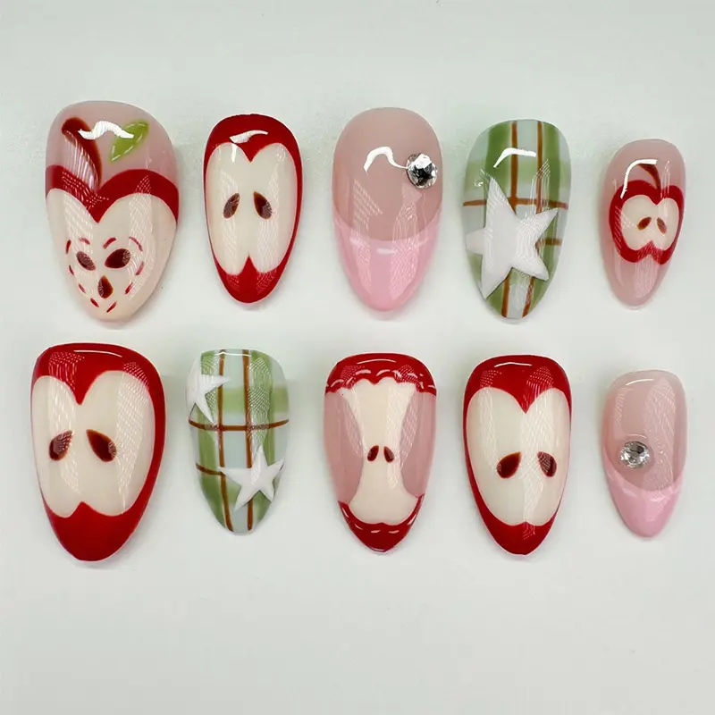 30pcs Almond Nail Tips, Apple Design, French Star Rhinestones, Glossy Finish, Medium Length, Includes Jelly Glue and File, Handmade Press On, Glossy False Nails