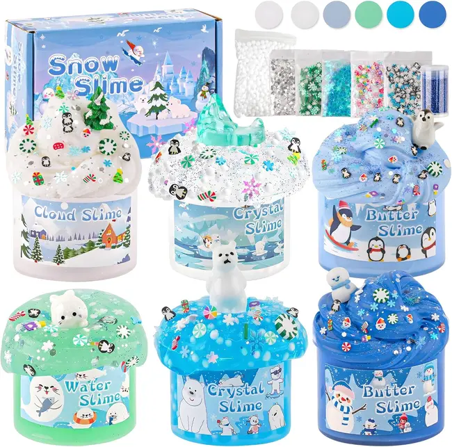 6 Packs Snow Slime Kit – Butter, Clear, Cloud & Water Slime Set with 8 Christmas Charms – Winter Slime Making Kit for Kids – Birthday Christmas Easter Gift for Girls & Boys