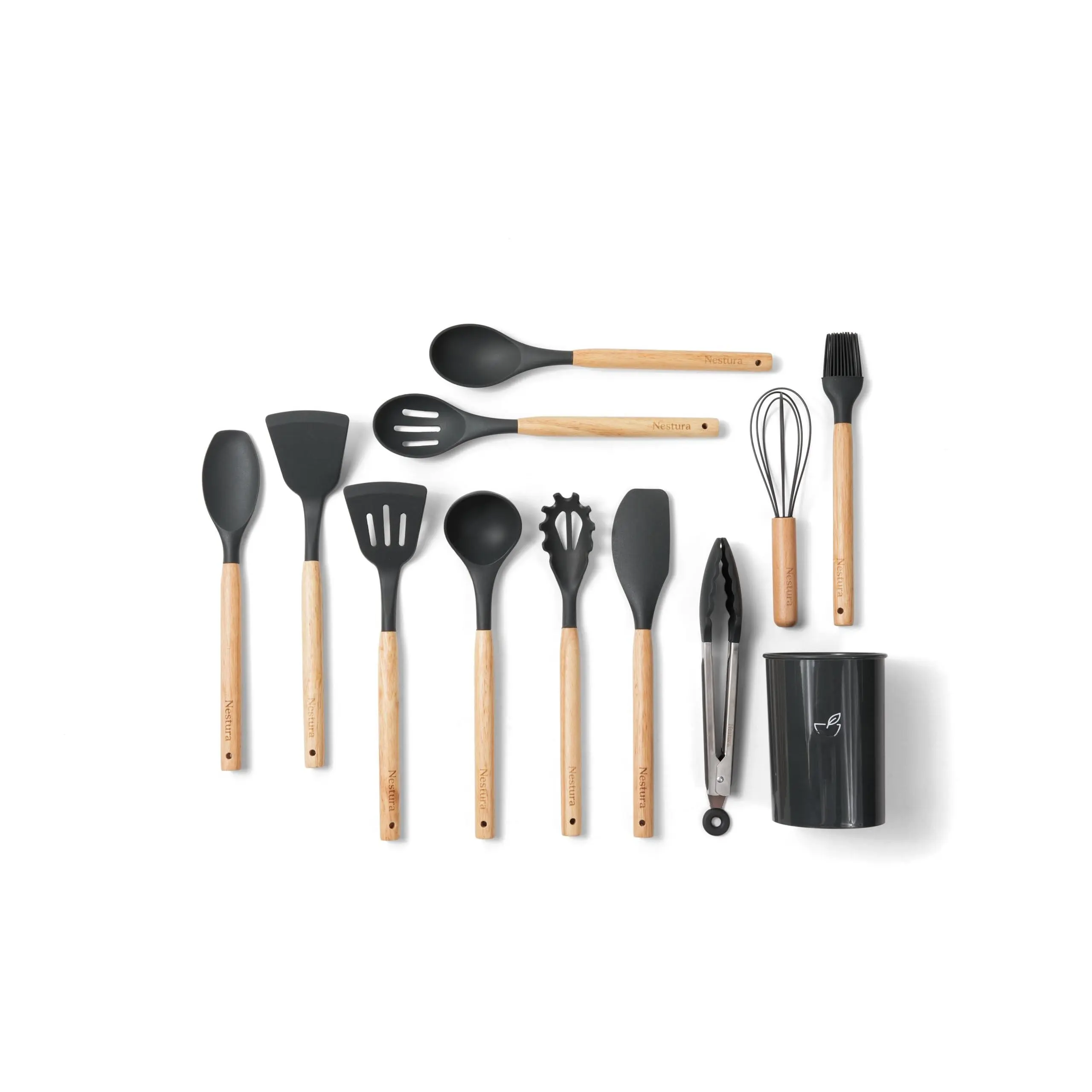 12-piece Compact Silicone Kitchen Utensil Set - Smaller Cooking Utensils With Holder  Heat Resistant Beechwood Handles Ideal For Small Kitchens & Gifting