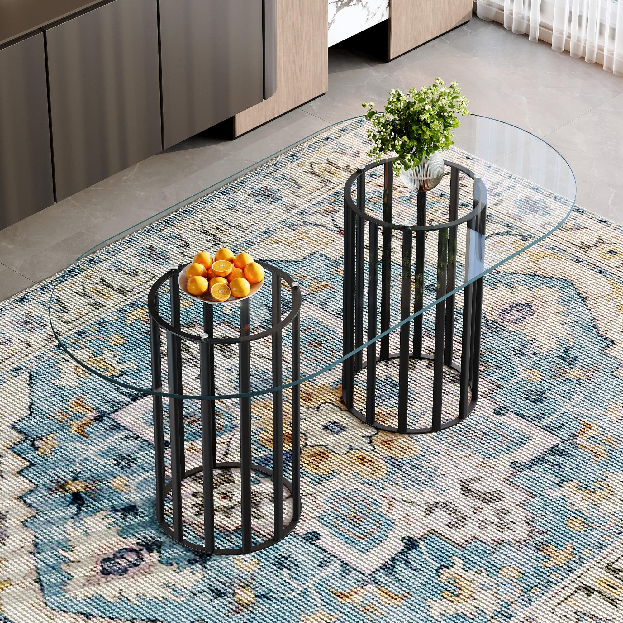 71 Inch Oval Tempered Glass Dining Table, Modern Light Luxury Gold Double Pedestal Kitchen Dining Table, Scratch Resistant Easy Clean Glass Top, Seats 6-8 for Dining Room Restaurant