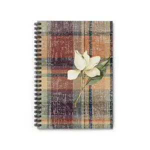 Plaid Background White Magnolia Spiral Notebook - Ruled Line: Cozy Floral Design"