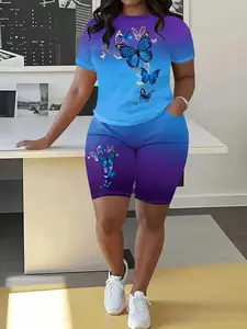 Women's Butterfly Gradient Two-Piece Set – Soft Stretch Tee & Biker Shorts, Vibrant Ombre Print, Lightweight & Breathable for Summer, Perfect for Casual/Workout/Travel Wear, Easy to Match with Sneakers, Must-Have Stylish Daily Outfit