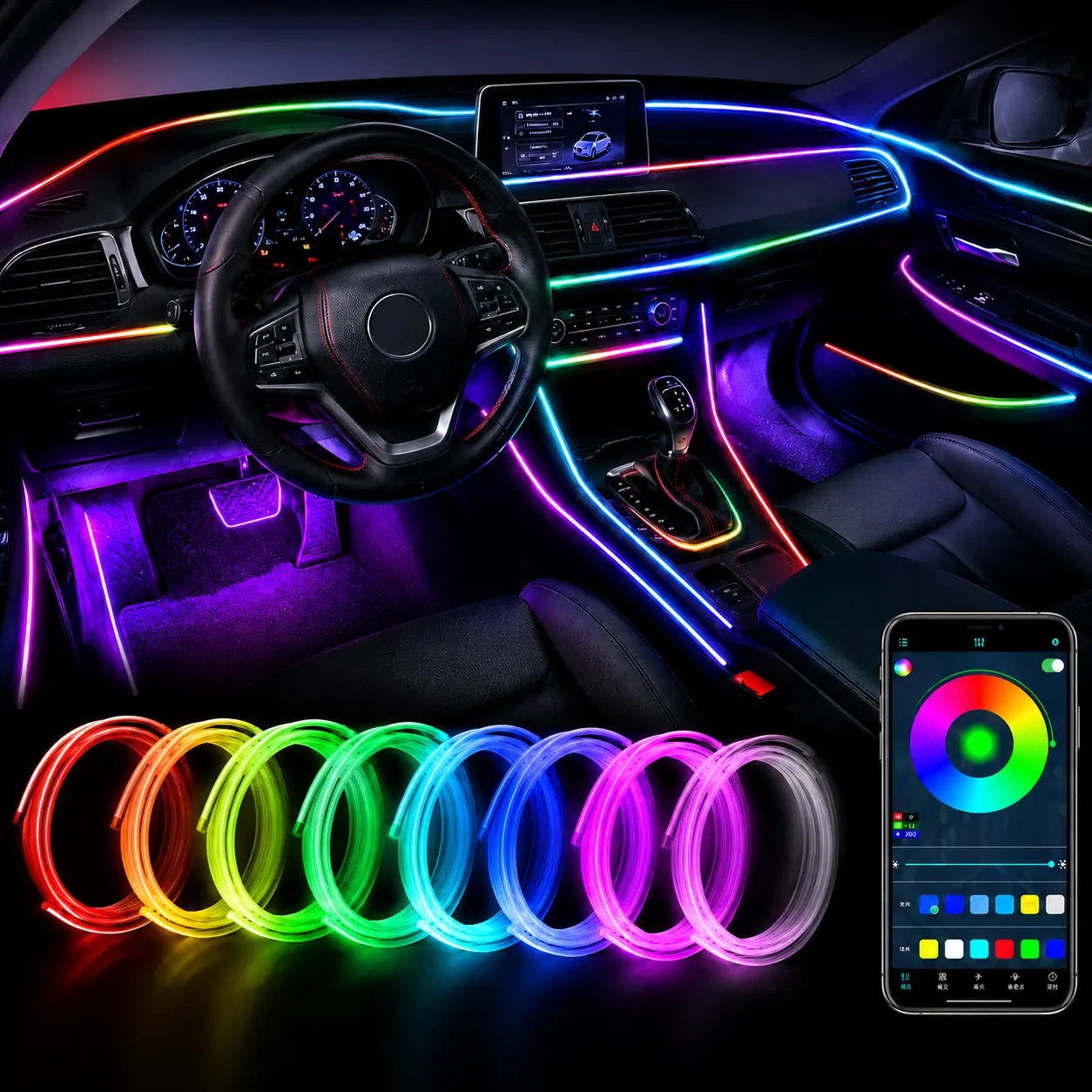 3M/5M Automotive Ambient LED Lights, RGB Color Changing Car Interior Lights with APP Control & DIY Mode, USB Charger, Flexible Auto Interior Decor Lighting for Cars Trucks SUV