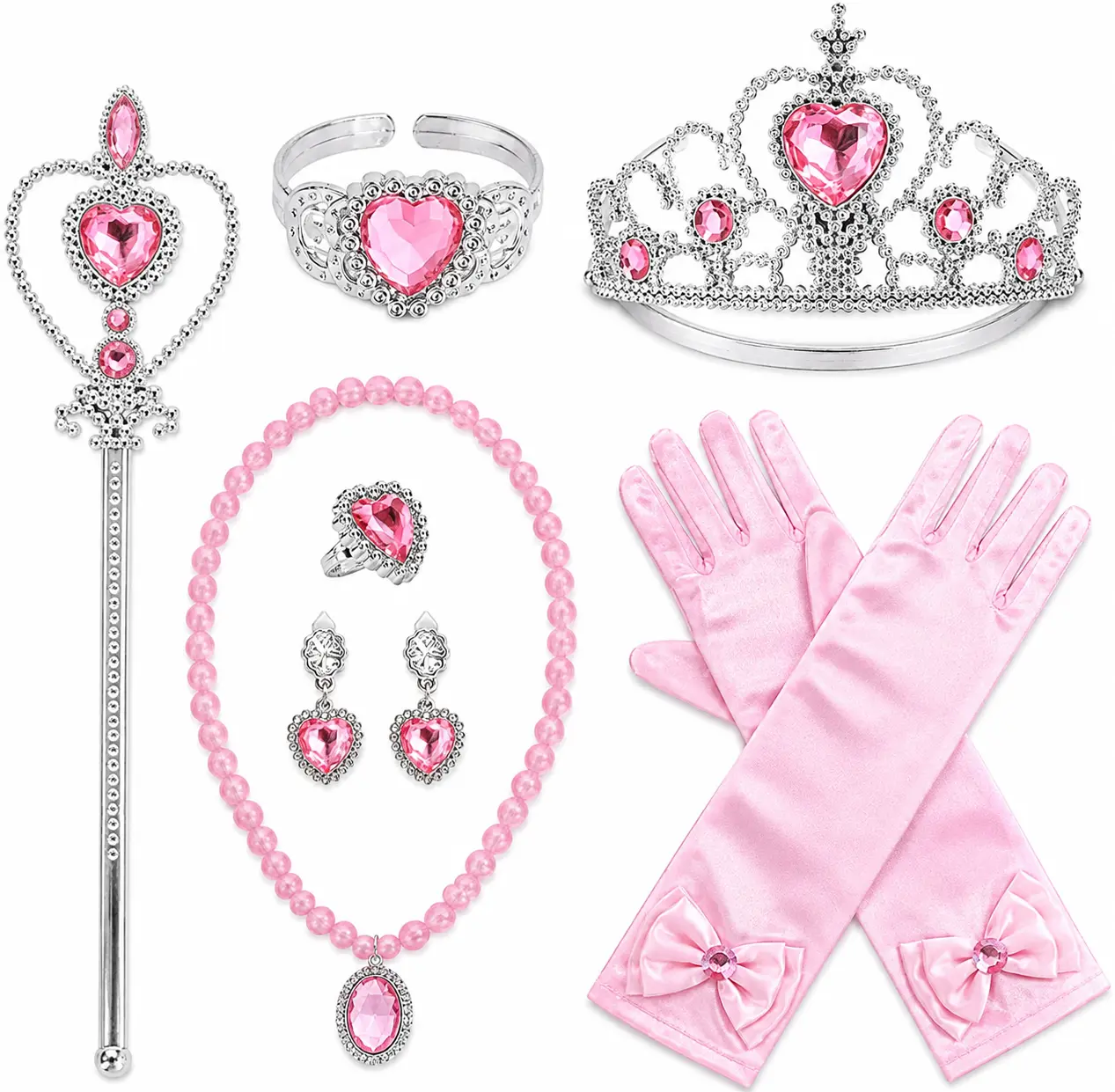 Princess Dress Up Accessories Set for Girls, 9-Piece Costume Kit with Tiara, Wand, Gloves, Necklace, Earrings, Bracelet & Ring, Pink