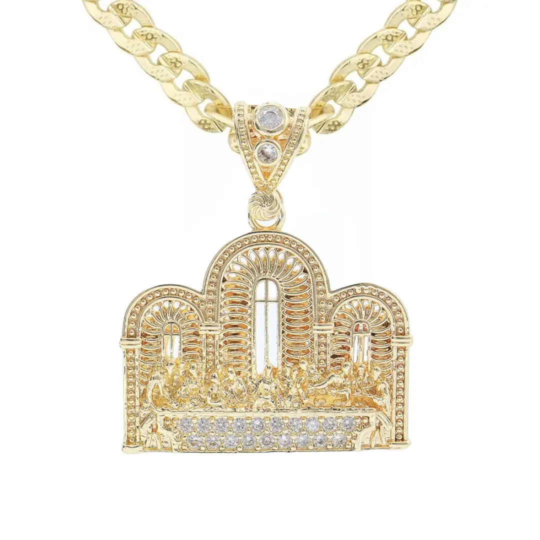 Religious Necklace 14k Gold Plated Cross Last Supper Concave Cuban Link Chains Hypoallergenic No Fade