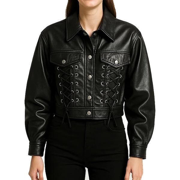Women's Black Leather Lace-Up Corset Jacket – Cropped Moto Style with Snap Button Closure