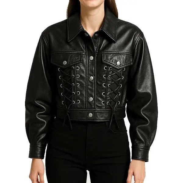 Women's Black Leather Lace-Up Corset Jacket – Cropped Moto Style with Snap Button Closure