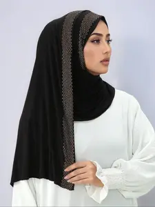 Women's Soft Plain Color Headscarf, Diamond Embellished Design, Breathable Fabric, Comfortable Jersey Material, Suitable for Various Occasions
