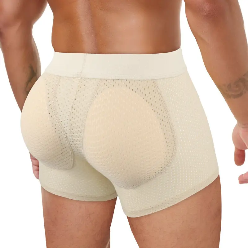 Men's Padded Butt Lift Mesh Boxer Briefs - Removable Pads, Breathable Fabric, Smooth, Soft, Plain, Menswear Hips Enhancer Shapewear, Black+Nude+White, Multi-Size